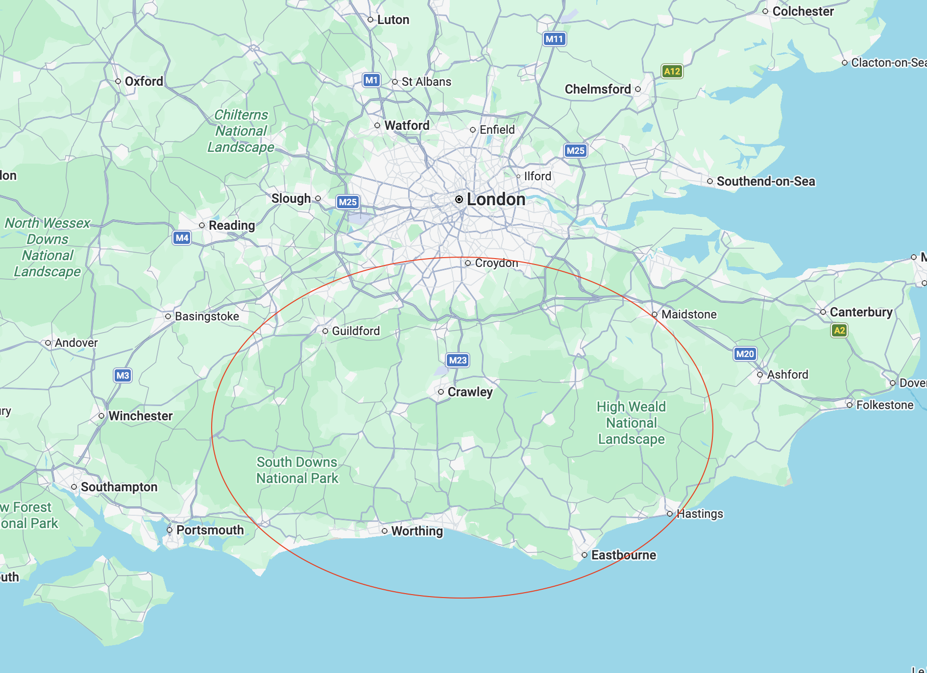 Map showing our service area across South England covering Brighton, Hove, Surrey, East Sussex and West Sussex