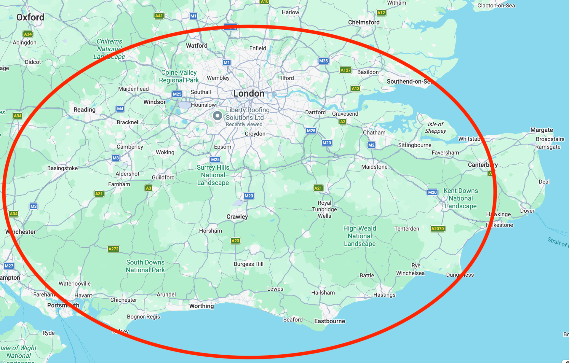 Map showing our service area across South England covering Brighton, Hove, Surrey, East Sussex and West Sussex