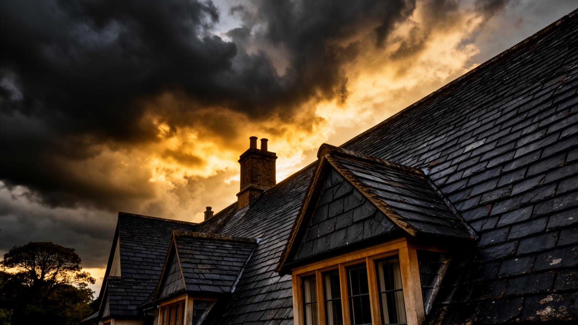 Freshly replaced tile roof against a stormy English sky